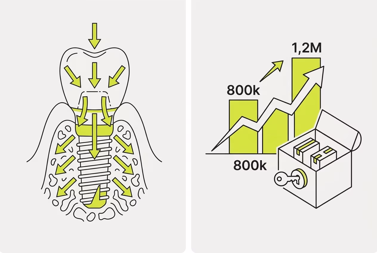 Схема строения зубного имплантата с распределением нагрузки при имплантации зубов