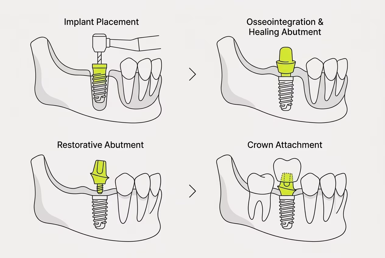 Схема этапов установки зубного импланта при имплантации зубов